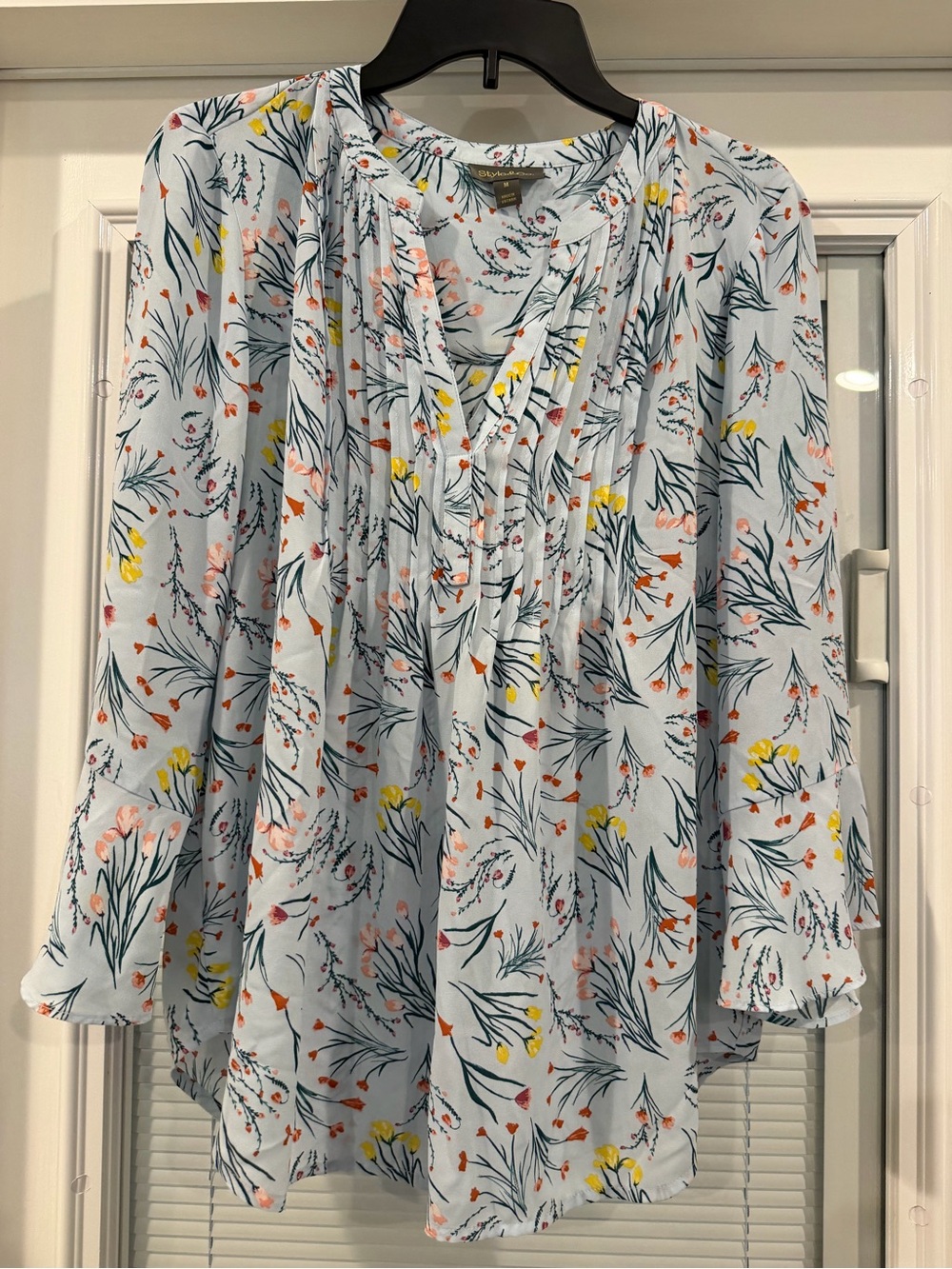 Style & Co. Light Blue Floral Pintuck Blouse with Pink and Yellow Accents
